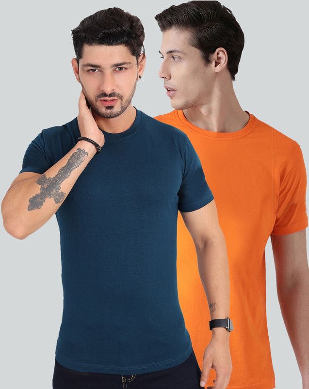 Pack of 2 HS-PLAIN Men Solid Round Neck Pure Cotton Dark Green, Orange T-Shirt
