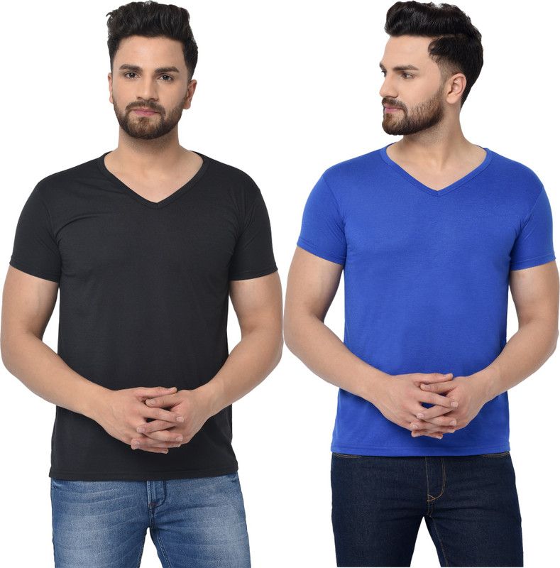 Pack of 2 V-Neck T-Shirt Combo Of 2 Men Solid V Neck Cotton Blend Blue, Black T-Shirt