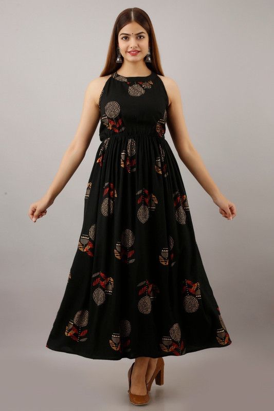 Art Silk Stitched Flared/A-line Gown  (Black)