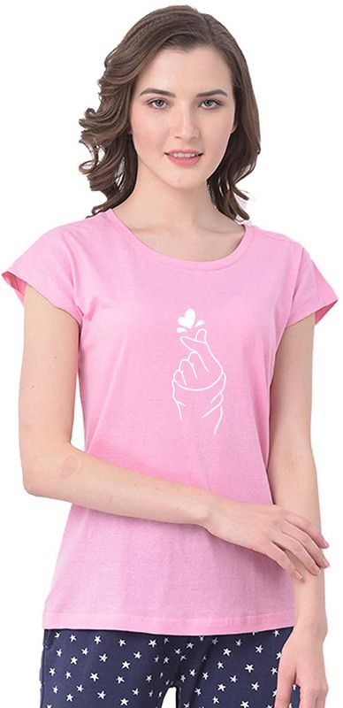 HG-0205G Women Graphic Print Round Neck Pure Cotton Pink T-Shirt