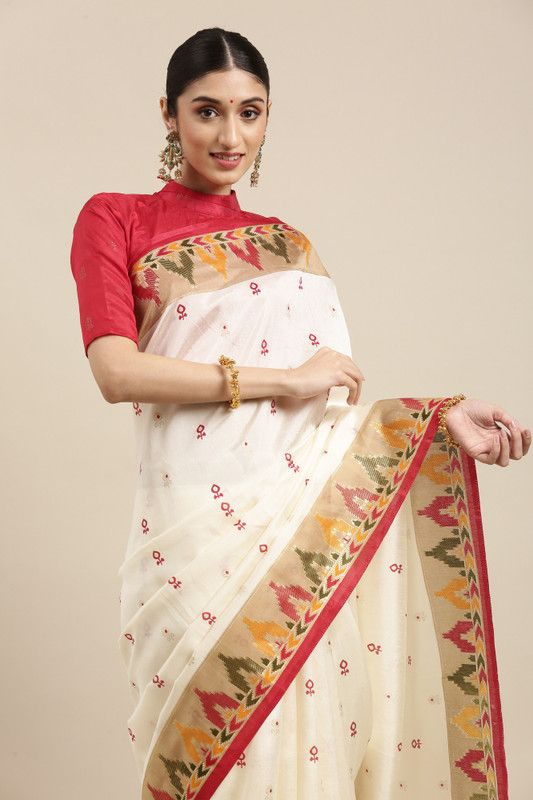 Floral Print Sambalpuri Silk Blend Saree  (Red)
