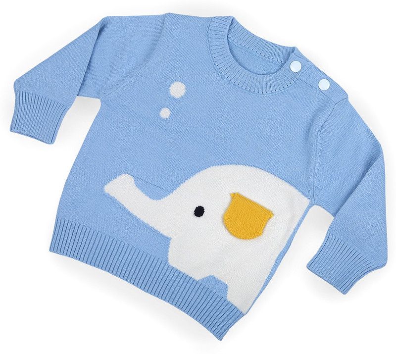 Baby Boys & Baby Girls Printed Round Neck Blue Sweater