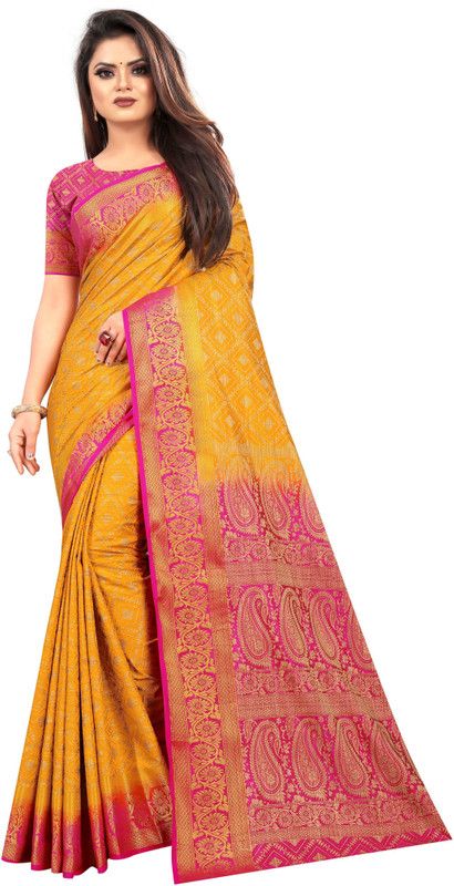 Self Design Kanjivaram Pure Silk, Art Silk Saree  (Yellow)