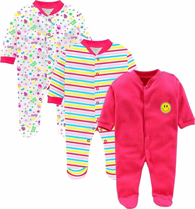 Romper For Boys & Girls Printed Cotton Blend  (Multicolor, Pack of 3)