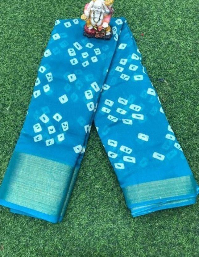Digital Print Bandhani Cotton Blend Saree  (Light Blue)