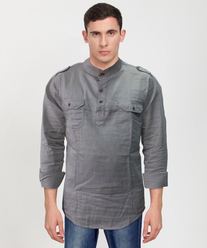 Men Solid Cotton Blend Ethnic Dress  (Grey)