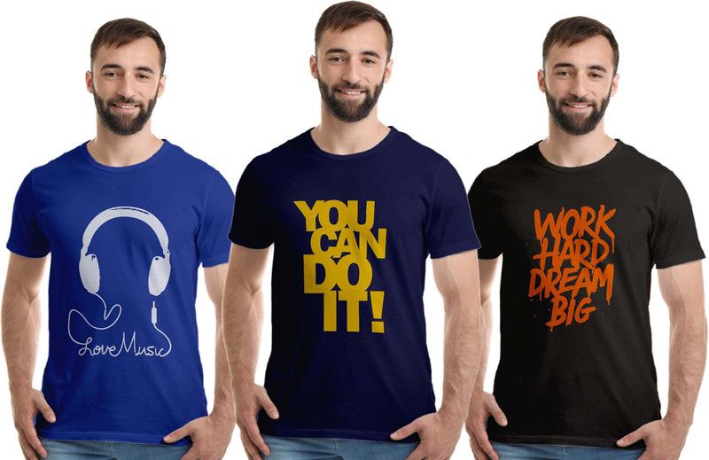 Pack of 3 Men Typography Round Neck Pure Cotton Dark Blue, Light Blue, Black T-Shirt