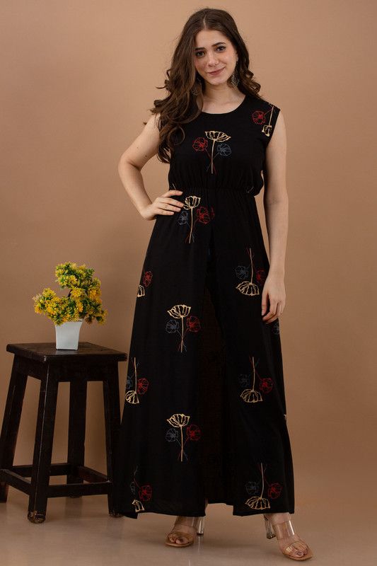 Women Floral Print Viscose Rayon Frontslit Kurta  (Black)