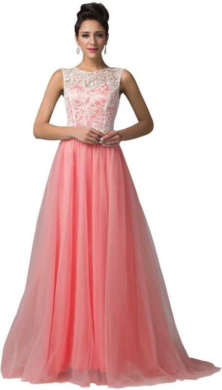 Solid Net Stitched Flared/A-line Gown  (Orange, White)