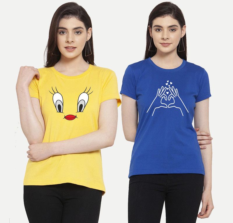 Graphic Print Women Blue, Yellow T-Shirt  (Pack of 2)