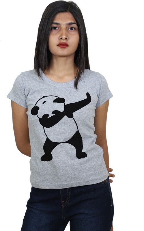 Dabbing Panda Tees Women Printed Round Neck Cotton Blend Grey T-Shirt