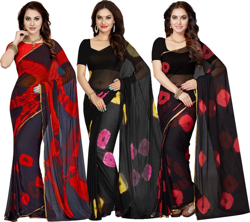 Printed Daily Wear Georgette Saree  (Pack of 3, Red)