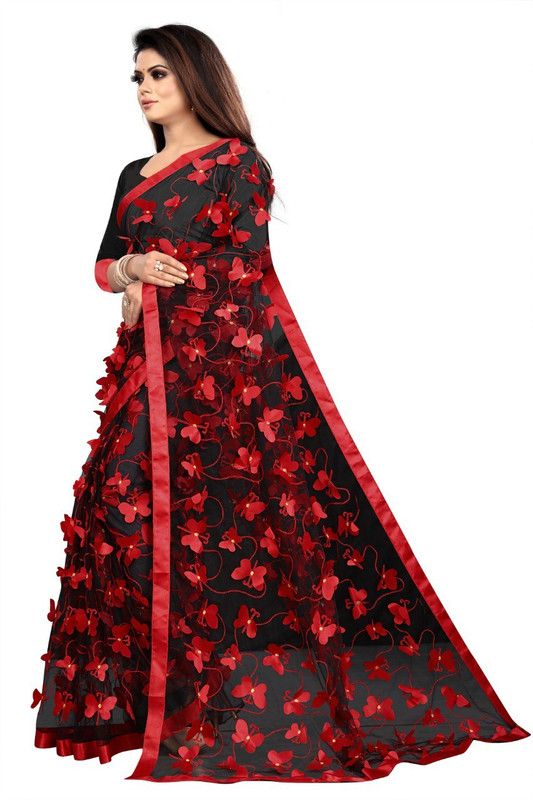 Embroidered Fashion Net Saree  (Red, Black)