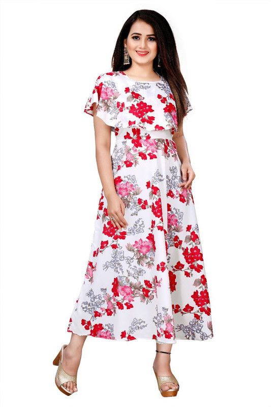 Anarkali Gown  (White, Red)