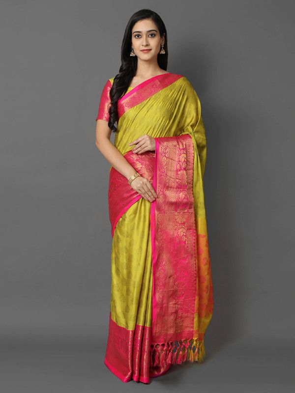 Woven Kovai Jacquard, Pure Silk Saree  (Yellow)