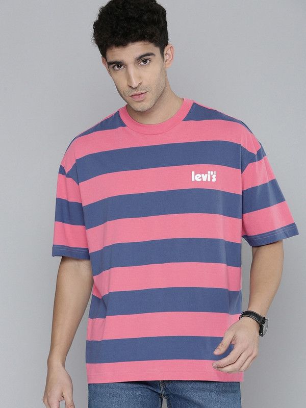 Levi'sMen's Loose Fit T-Shirt Men Striped Crew Neck Pure Cotton Pink T-Shirt
