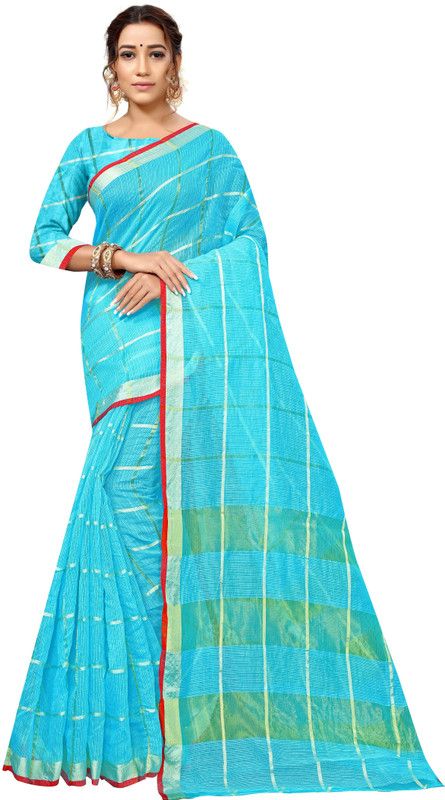 Checkered Kota Doria Silk Blend Saree  (Light Blue)