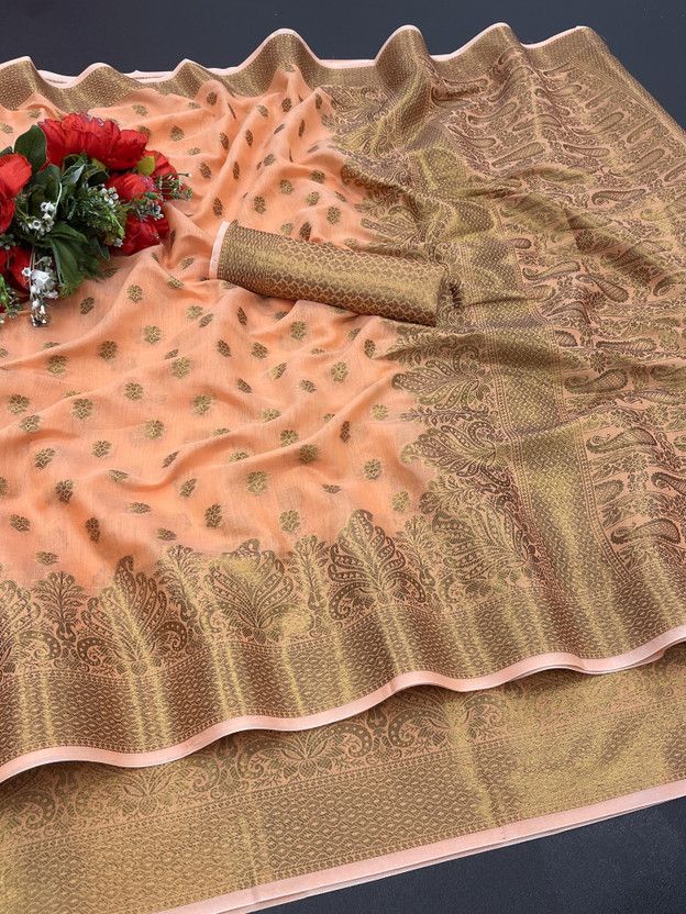 Woven Banarasi Cotton Blend, Pure Silk Saree  (Orange)