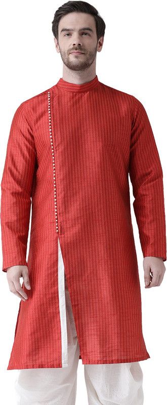 Men Striped Jacquard Frontslit Kurta  (Red)