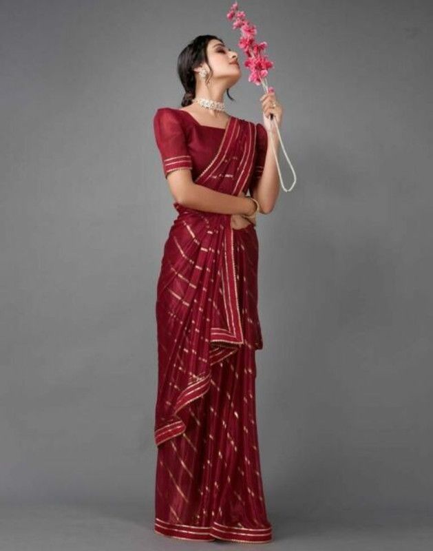Striped Bollywood Silk Blend Saree  (Maroon, Gold)