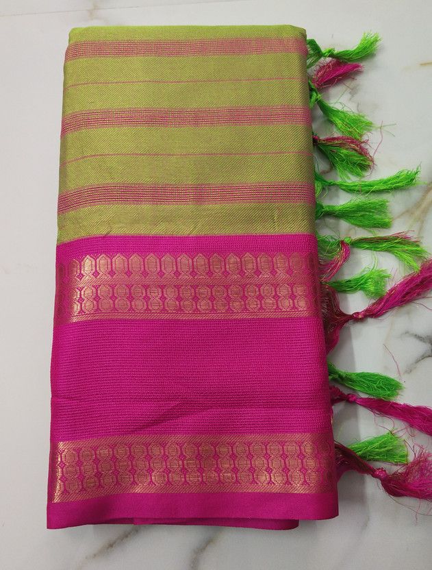 Striped Daily Wear Cotton Jute, Art Silk Saree  (Pink, Green)