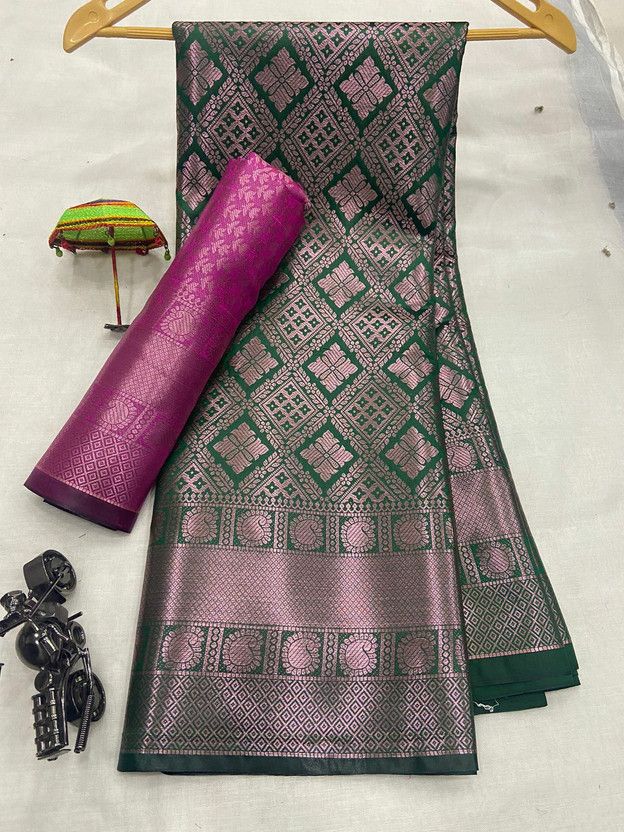 Woven Bollywood Pure Silk, Cotton Silk Saree  (Green, Pink)