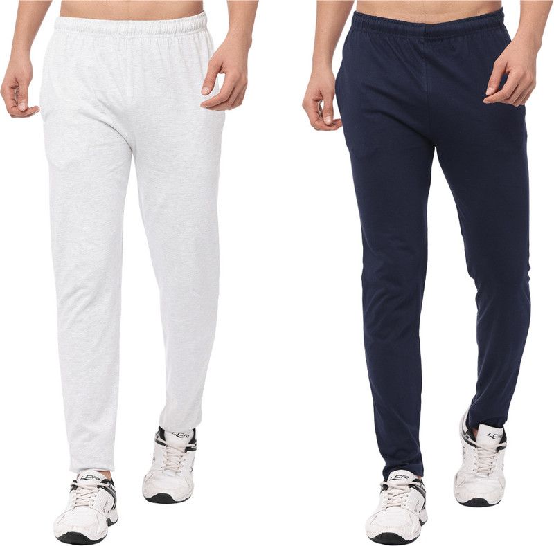 Pack of 2 Men Solid White, Dark Blue Track Pants