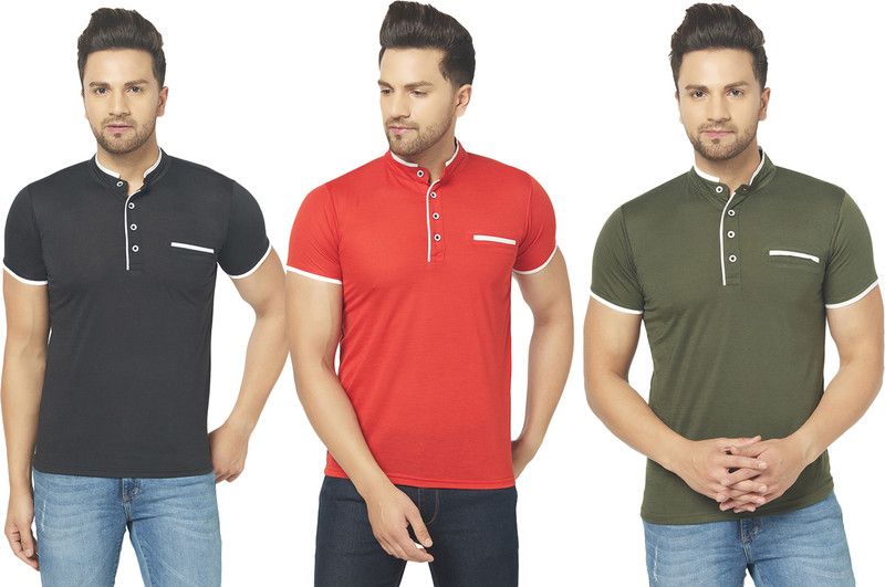 Pack of 3 Men Solid Henley Neck Cotton Blend Red, Green, Black T-Shirt