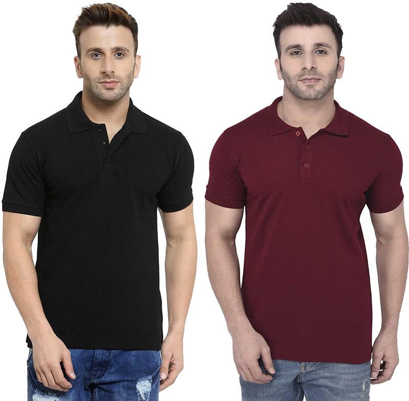 Pack of 2 Men Solid Polo Neck Poly Cotton Maroon, Black T-Shirt