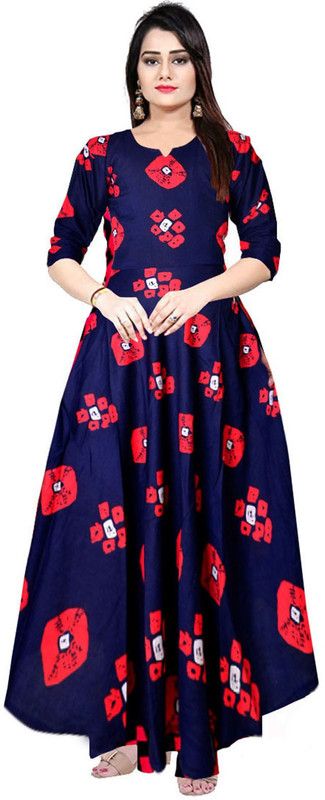 Printed Rayon Blend Stitched Flared/A-line Gown  (Blue, Pink)