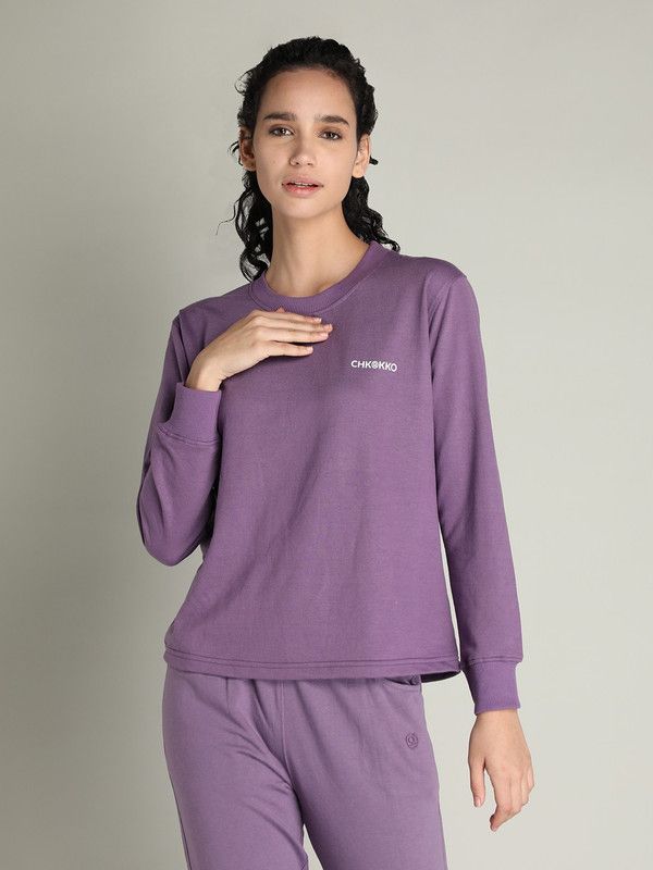 Women Solid Round Neck Poly Cotton Purple T-Shirt