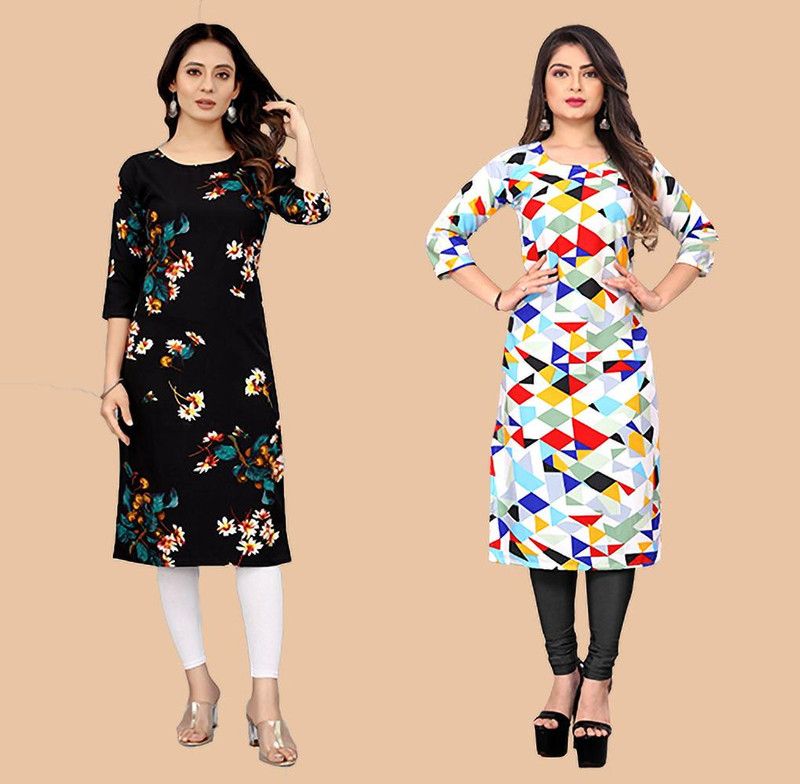 Pack of 2 Women Printed Crepe Straight Kurta  (Silver)