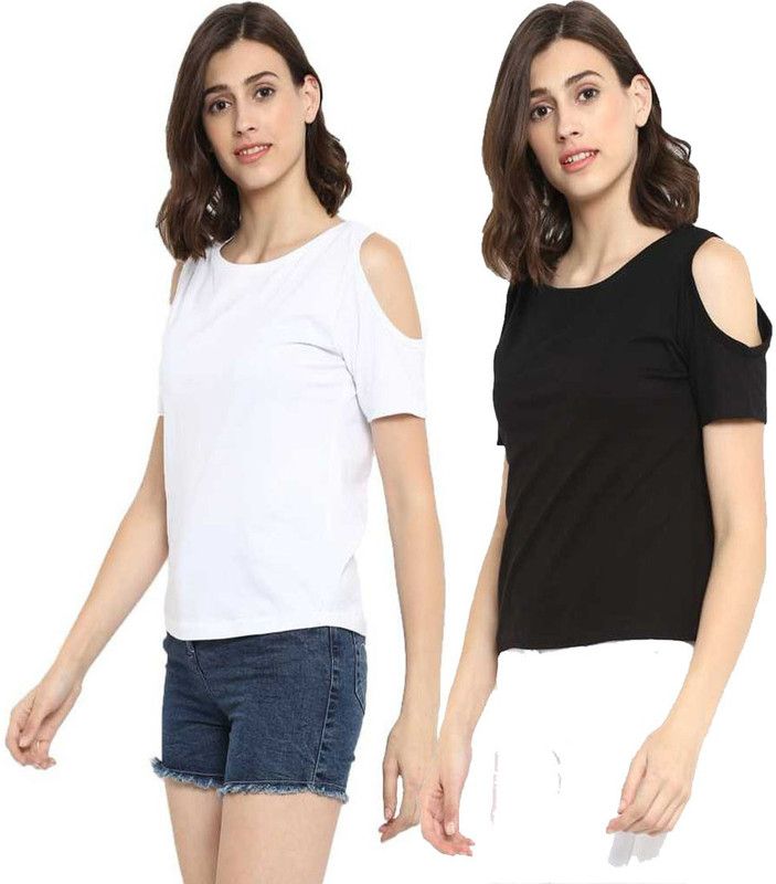 Pack of 2 Casual Cold Shoulder Sleeves Solid Women White, Black Top