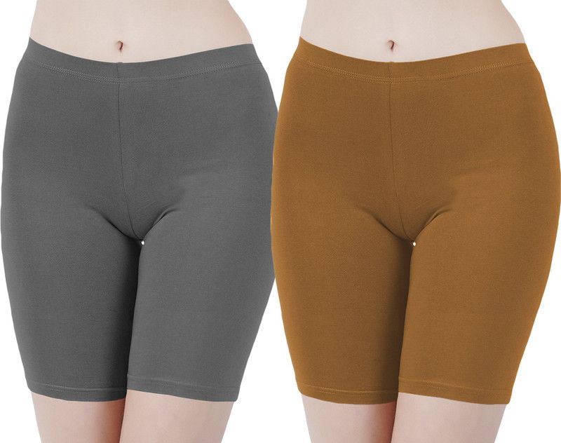 Pack of 2 Solid Women Grey, Khaki Cycling Shorts