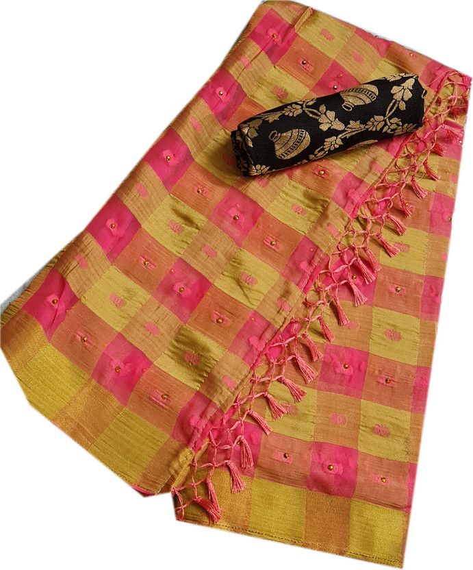 Checkered Banarasi Jacquard, Chiffon Saree  (Pink, Cream)