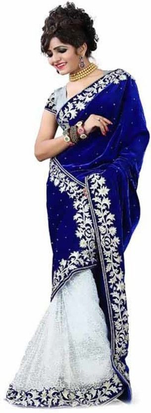 Self Design Bollywood Velvet Saree  (White, Blue)