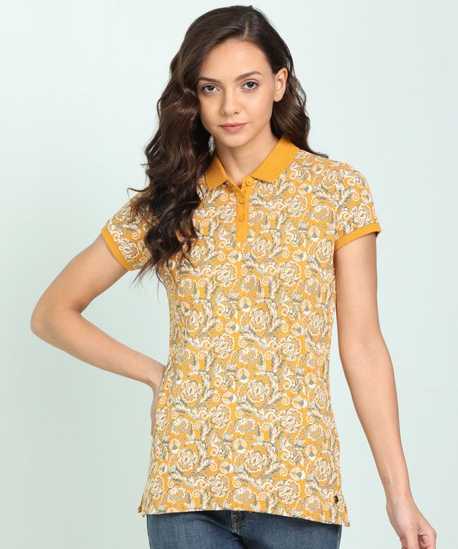 Women Printed Polo Neck Cotton Blend Yellow T-Shirt