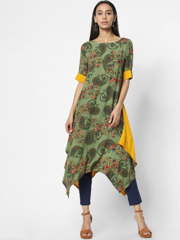 Women Printed Cotton Rayon Asymmetric Kurta  (Multicolor)