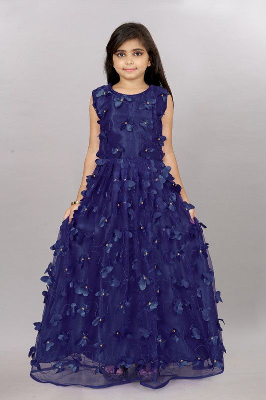Self Design Net Stitched Flared/A-line Gown  (Dark Blue)