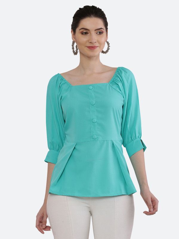 Party Cuffed Sleeves Solid Women Light Blue Top