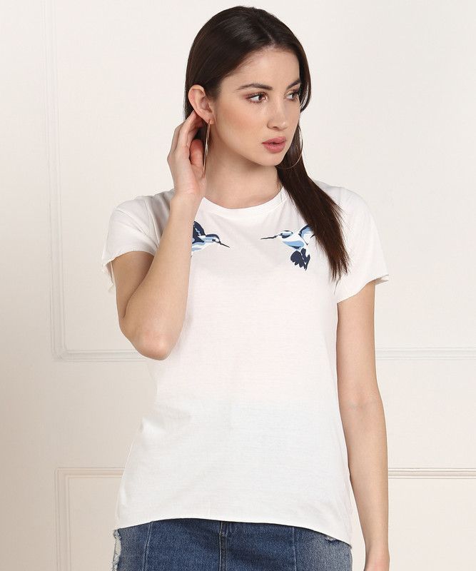 BIBI SS Women Printed Round Neck Pure Cotton White T-Shirt