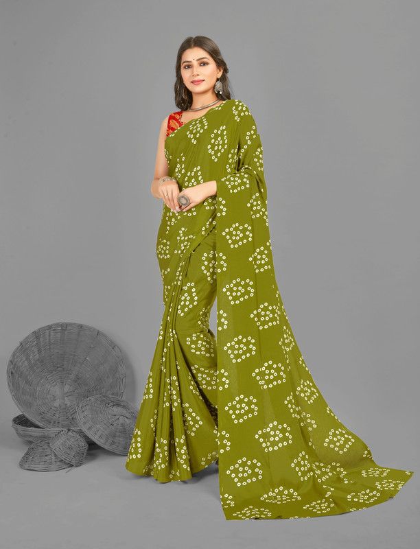 Printed, Geometric Print Bandhani Silk Blend Saree  (Green)