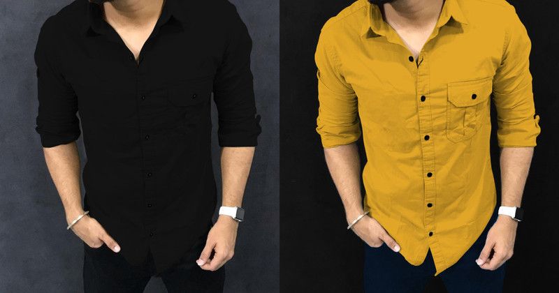 Men Solid Casual Yellow Shirt  (Pack of 2)