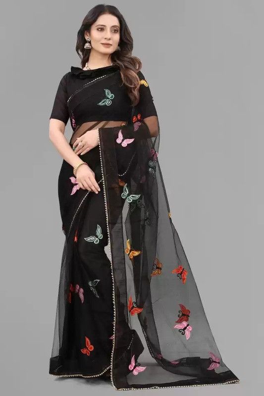 Embroidered Daily Wear Net Saree  (Black)