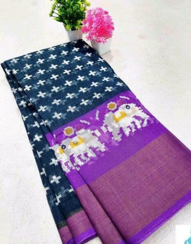 Animal Print Ikkat Cotton Blend Saree  (Dark Blue)