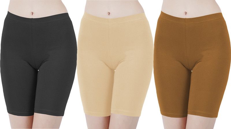 Pack of 3 Solid Women Black, Beige, Khaki Cycling Shorts