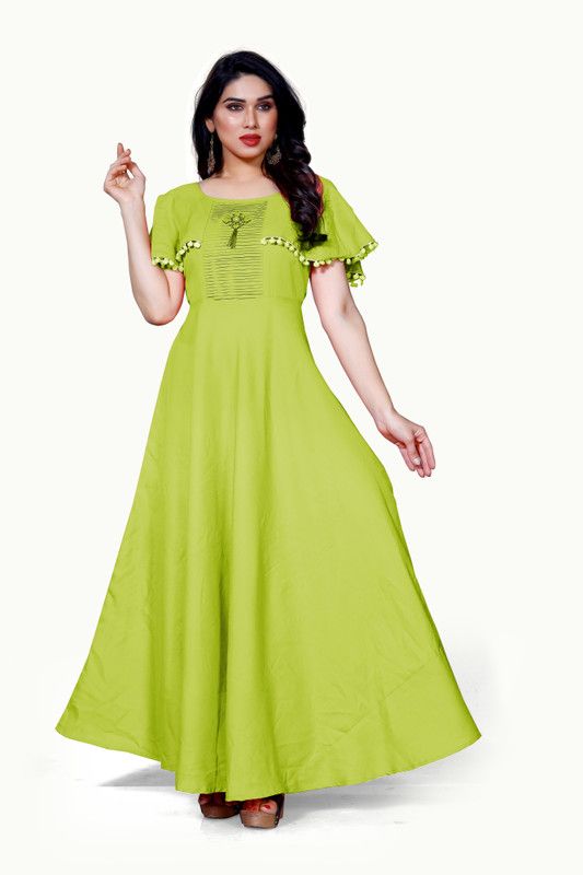 Cotton Blend Stitched Flared/A-line Gown  (Light Green)