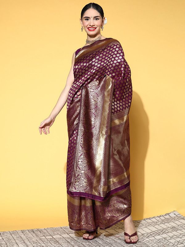 Floral Print Dharmavaram Silk Blend Saree  (Purple)