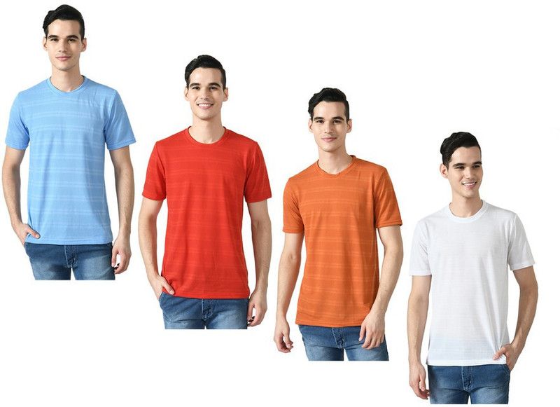 Pack of 4 Men Striped Round Neck Polyester Red, White, Blue, Orange T-Shirt