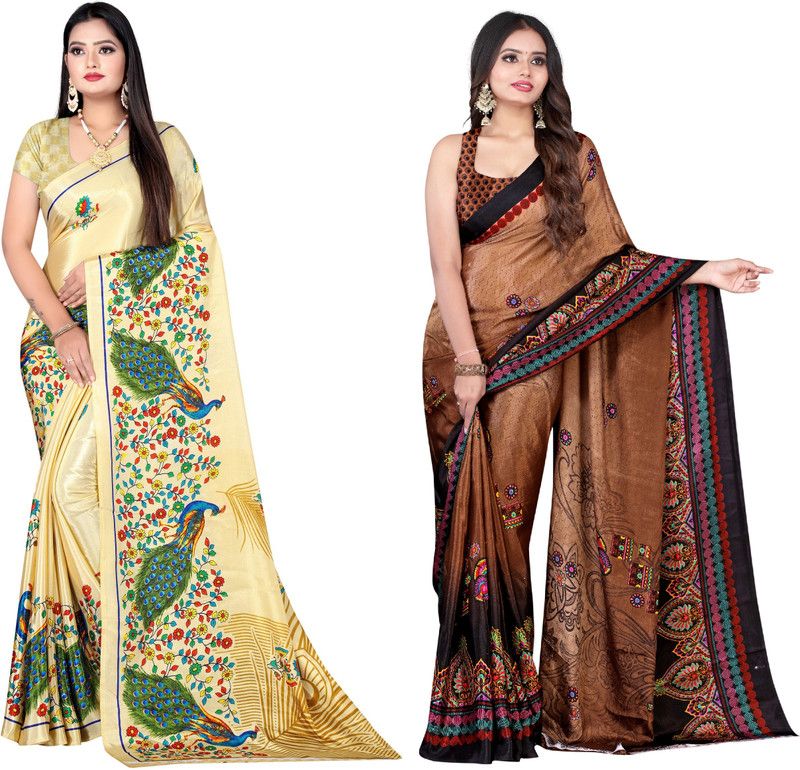 Printed Daily Wear Crepe Saree  (Pack of 2, Yellow, Brown)